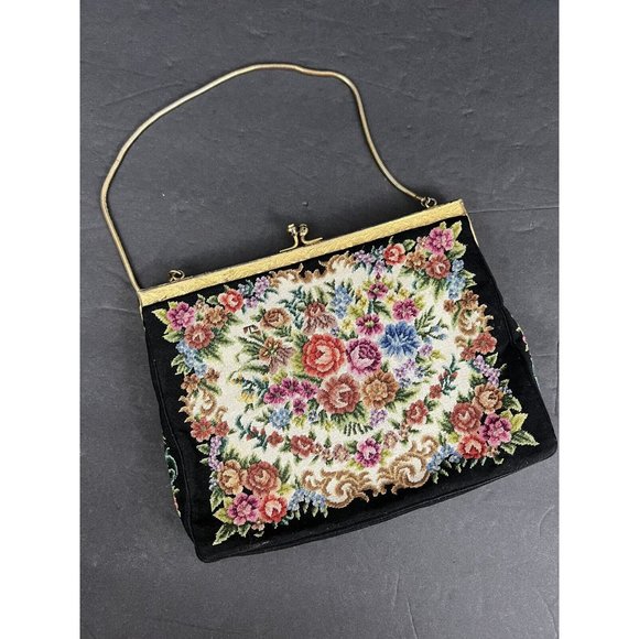 Vtg Tapestry Petit Point Handbag Embroidered Kiss Clasp Ornate Gold Frame Chain - Picture 2 of 12